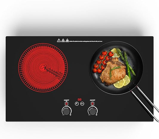 Electric Cooktop,110V 2400W Electric Stove Top with LCD Touch and Knob Control,Built-in and Countertop 2 Burner Electric Cooktop with 11 Power Levels, Kids Lock & Timer,Overheat Protection.