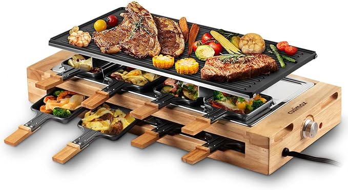 Indoor Grill, CUSIMAX Raclette Table Grill, 1500W Electric Grill Korean BBQ Grill with 2 in 1 Reversible Non-stick Plate/Wooden Base, Party Grill with 8 Trays & Wooden Spatulas, New Model