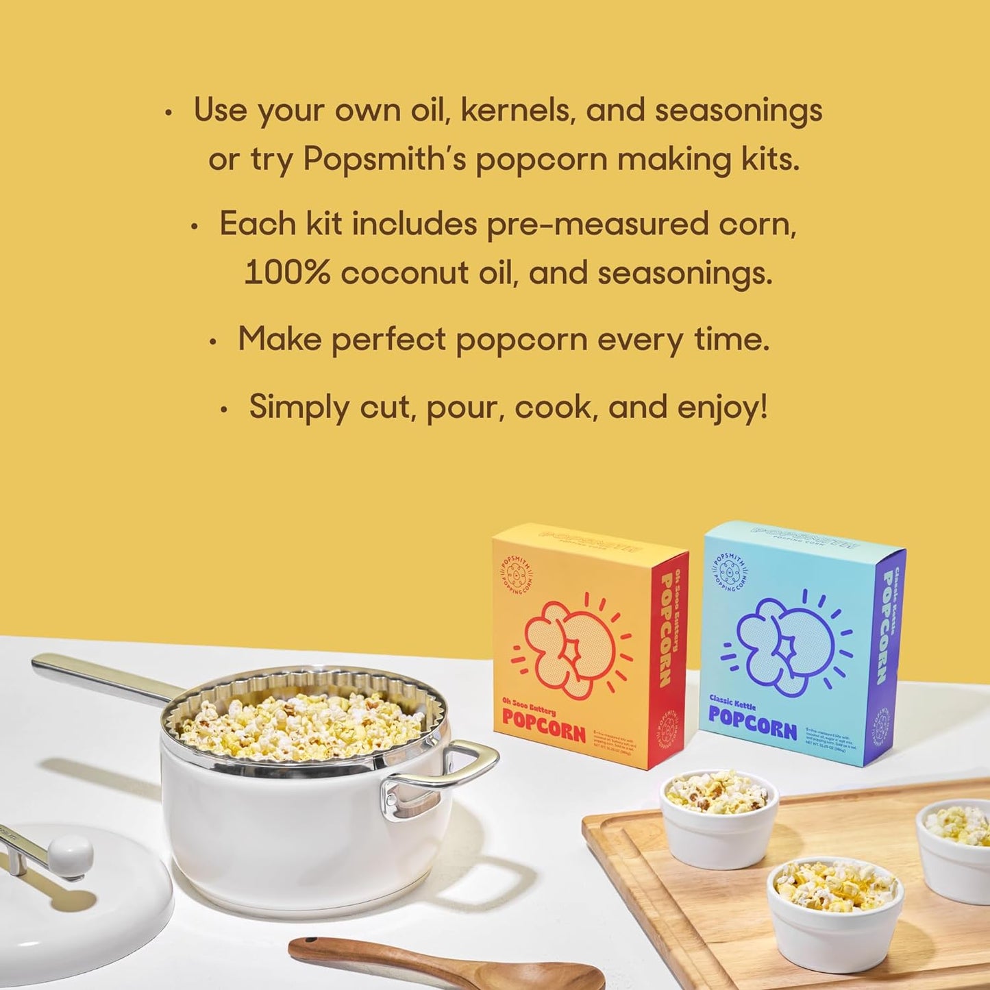 Popsmith Starter Bundle in Cream - 6 Quart Stovetop Popcorn Machine with 5 Movie Theater Popcorn & 5 Kettle Corn Popcorn Kits - Stainless Steel Popcorn Maker Compatible with All Stovetops