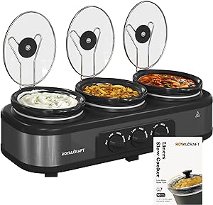 Slow Cooker with 10 Cooking Liners, 3 in 1 Buffet Servers Dips Pot, Food Warmers for Parties with 3 Spoons, Lid Rests, Removable Oval Ceramic Pots, Total 4.5QT Grey