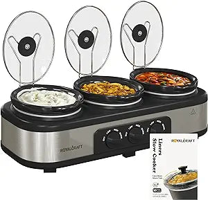 Slow Cooker with 10 Cooking Liners, 3 in 1 Buffet Servers Dips Pot, Food Warmers for Parties with 3 Spoons, Lid Rests, Removable Oval Ceramic Pots, Total 4.5QT Silver