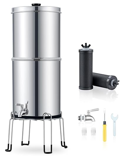 CO-Z Gravity-Fed Water Filter System, 2.25 Gal Countertop Water Filtration System, Stainless Steel Gravity Water Purifier with 2 Carbon Filters, Chamber Stand & Water Spigot, NSF/ANSI 42 Certification