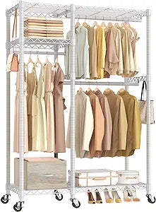 Garment-Rack for Hanging Clothes Heavy Duty Clothes-Rack with Shelves, 3 Tiers Rolling Metal Clothing-Rack Commercial Grade Rack Freestanding Wardrobe Closet Rack with Drawers Wheels