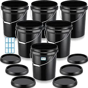 6 Pack 5 Gallon Bucket Black Pail Storage Food Container Buckets with Lid Handle Heavy Duty Black Plastic Bucket with DIY Label Sticker for Home Improvement Household Cleaning Flour Rice