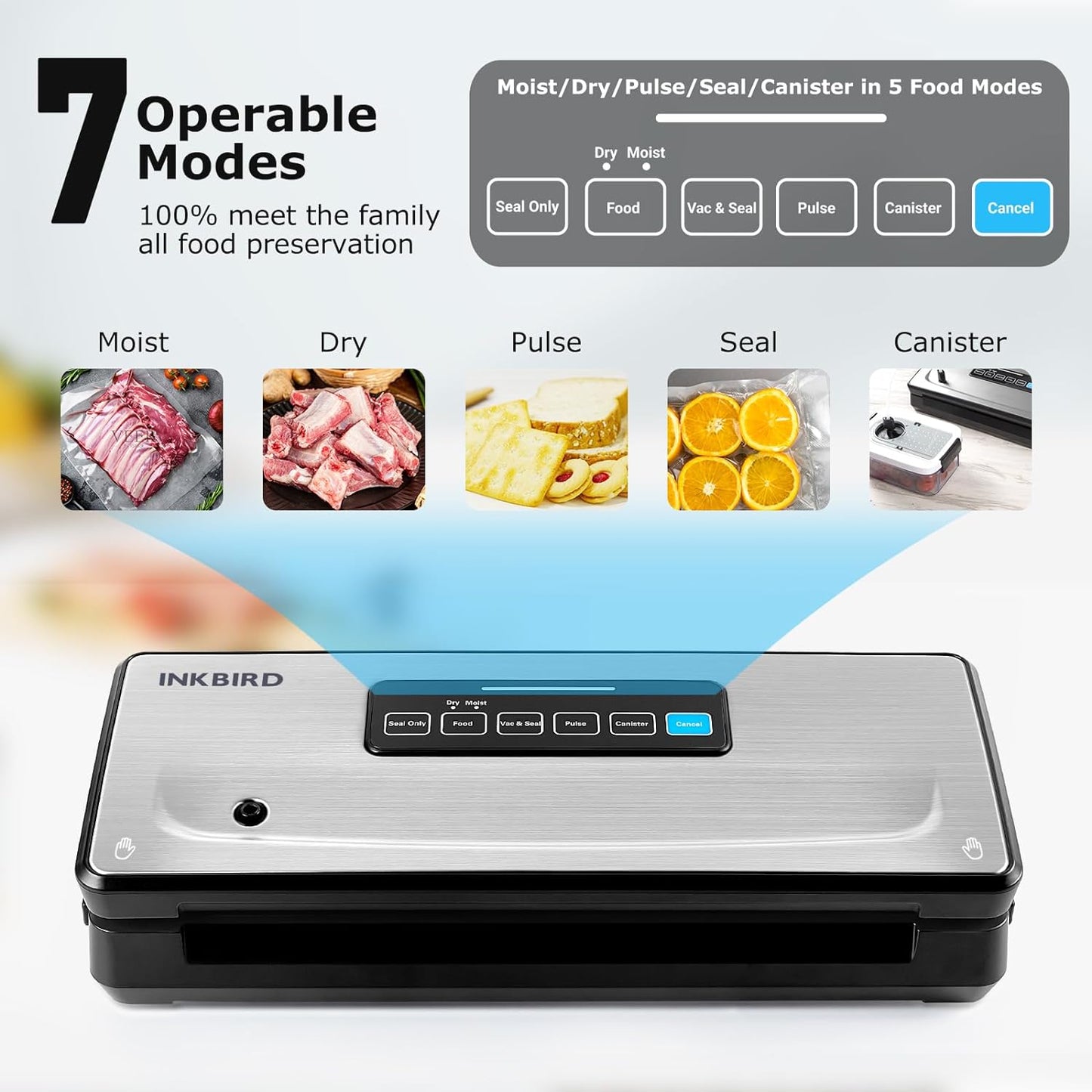 Food Vacuum Sealer Machine 10-In-1 with Bag Storage(Up to 20FT) and Cutter, INKBIRD Food Sealer Vacuum Sealer for Food with Moist/Dry/Canister 5 Food Modes, Starter Kits Bags*5 and Bag Roll*1, 85KPa