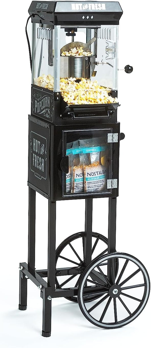 Nostalgia Popcorn Maker Machine - Professional Cart With 2.5 Oz Kettle Makes Up to 10 Cups - Vintage Popcorn Machine Movie Theater Style - Black