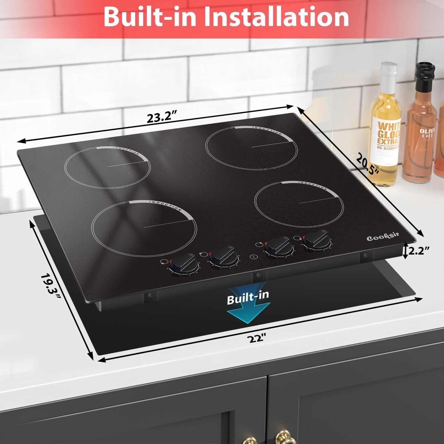 4 Burner Induction Cooktop - 24 Inch Induction Stove Top 7000W, Bulit-in Induction Stovetop Ceramic Glass with Auto Shut off, Residual Heat Indicator, 9 Power Heating Level, 220-240v (No Plug)