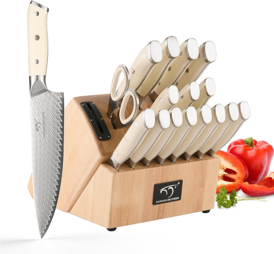 NANFANG BROTHERS 19PCS Damascus Knife Set, VG10 Professional Chef Knives Set with Knife Block Set, Steak Knife Sets, Kitchen Knife Set with Block and Sharpener