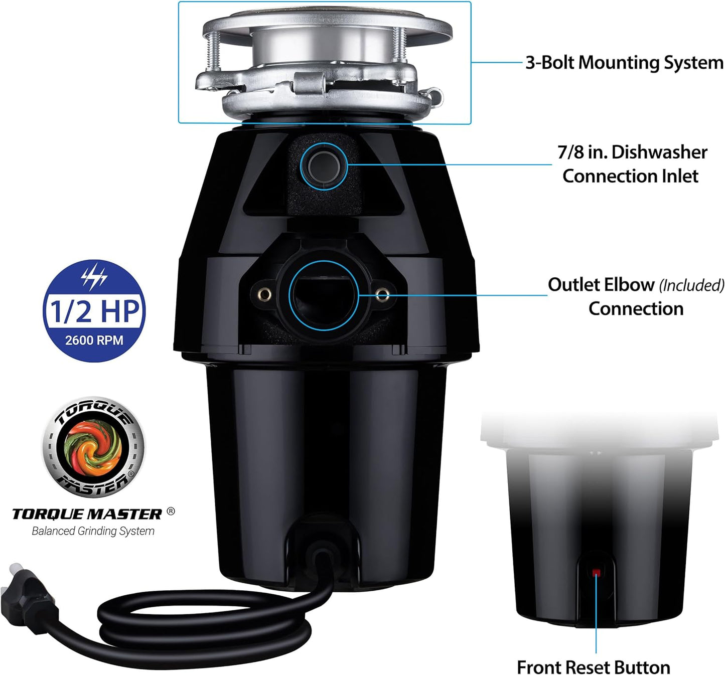 Eco Logic 10-US-EL-7-3B 1/2 Horsepower Mid Duty Garbage Disposal with Removeable Splash Guard, Attached Power Cord and Standard 3-Bolt Mounting System, Continuous Feed, Black