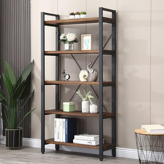 5 Tier Bookcase, Solid Rustic Industrial Etagere Bookcase, Metal and Wood Free Vintage Bookshelf, Retro Brown (Real Wood) (5-Tier)