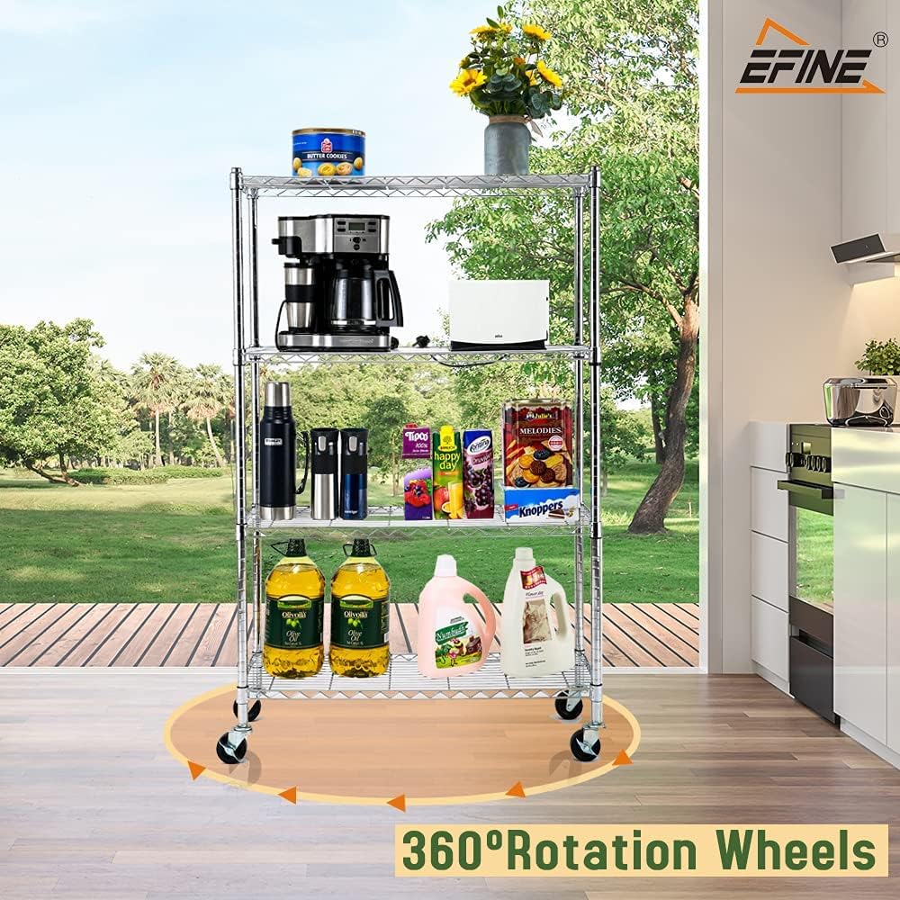 EFINE Chrome 4-Shelf Shelving Units and Storage on 3'' Wheels with 4-Shelf Liners, Adjustable Heavy Duty Steel Wire Shelving Unit for Garage, Kitchen, Office (36W x 14D x 57.7H) Pole Diameter 1 Inch