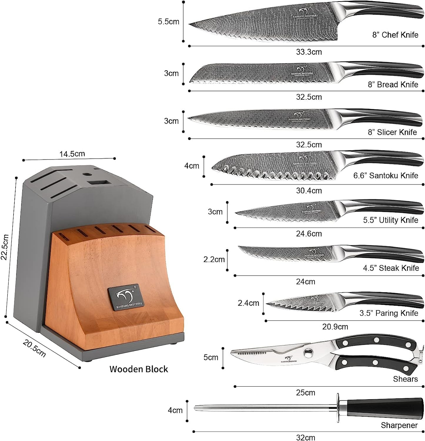 Knife Set, NANFANG BROTHERS 15-Piece Damascus Kitchen Knife Set with Block, ABS Ergonomic Handle for Chef Knife Set, Carving Fork, Disconnect-type Knife Block Set