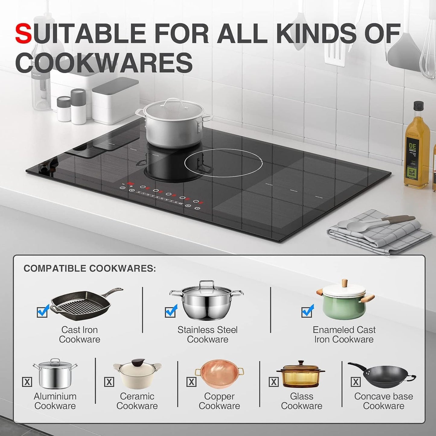 Induction Cooktop, 30 Inch Electric Cooktop with 5 Burners Including 2 Bridge Elements, Built-in 240V Stove 9 Power Levels, Sensor Touch Control, Kids Lock, Timer and Keep Warm Function