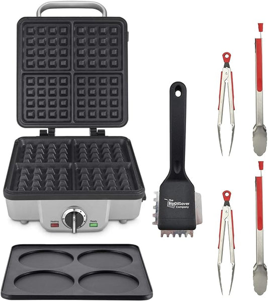 Cuisinart WAF-300P1 4-Slice Belgian Waffle Maker and Pancake Plates Bundle with Grill Brush, and 2-Pack of Stainless Steel Tongs (4 Items)