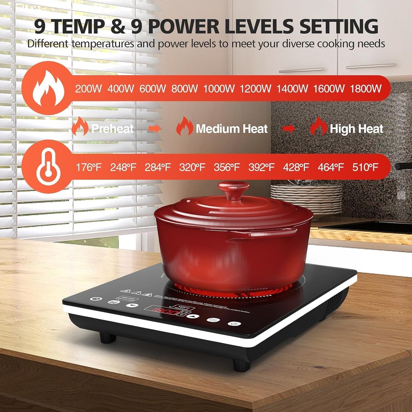 Electric Cooktop Single Burner, 1800W Electric Stove Top Portable, Electric Hot Plate 110v Plug in Countertop,Child Safety Lock,Timer,9 Power Level, Compatible for All Cookware, Induction Cookotp