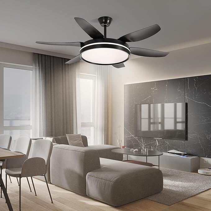 REDSTAR 52 Inch Matte Black Ceiling Fan with Light and Remote, Flush Mount, Reversible, 3cct, Dimmable, Noiseless, Ceiling Fan for Living Room, Indoor/Outdoor Use