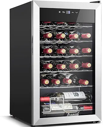 AAOBOSI Wine Fridge, 24 Bottle Wine Cooler 46-66℉ Beverage Wine Refrigerator, Glass Door Free Standing Mini Wine Cellar Aging Red/White/Champagne/Sparkling Wine for Bar Home Condo with Adjust Temp