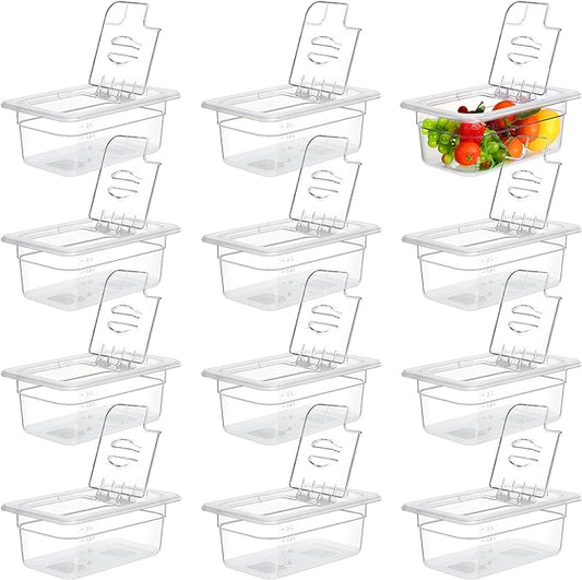 12 Pack 1/4 Size 4'' Deep Polycarbonate Food Pan with Lid Clear Stackable Plastic Pan Restaurant Food Storage Containers with Hinged Lids for Hotel Supplies