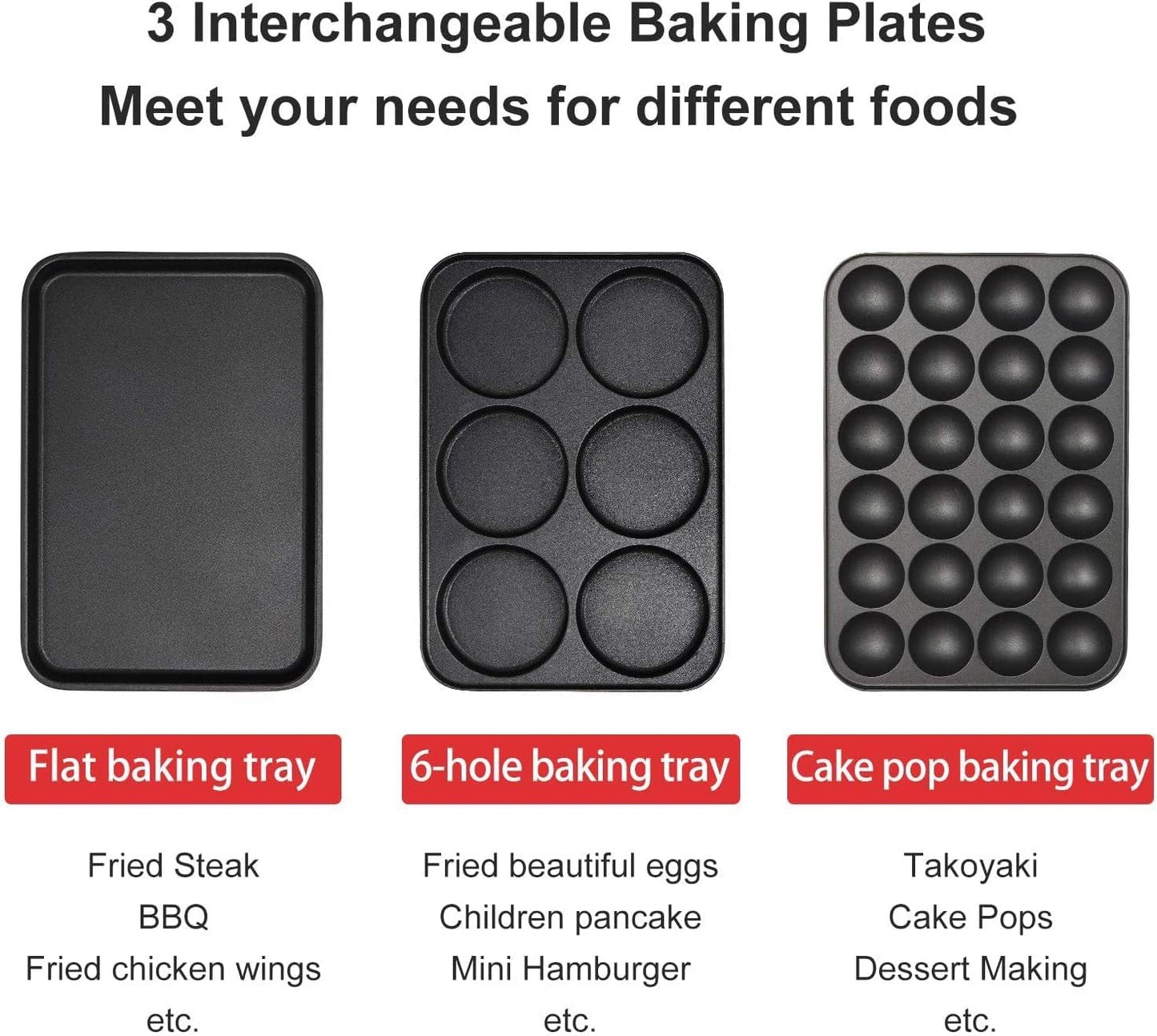 Multifunction Nonstick Baking Maker with 3 Interchangeable Plates for Fried Eggs/ Steak, Takoyaki, Cake Pops, Grill, RED-1