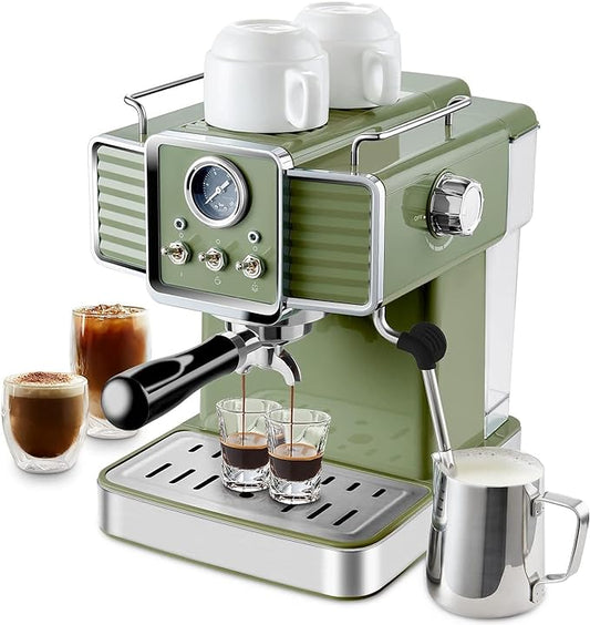 15 Bar Espresso Coffee Machine with Milk Frother Steam Wand, 1350W Professional Coffee Maker, 54 Oz Removable Water Tank Espresso Maker Cappuccino, Latte, Machiato, Green, For Home Barista