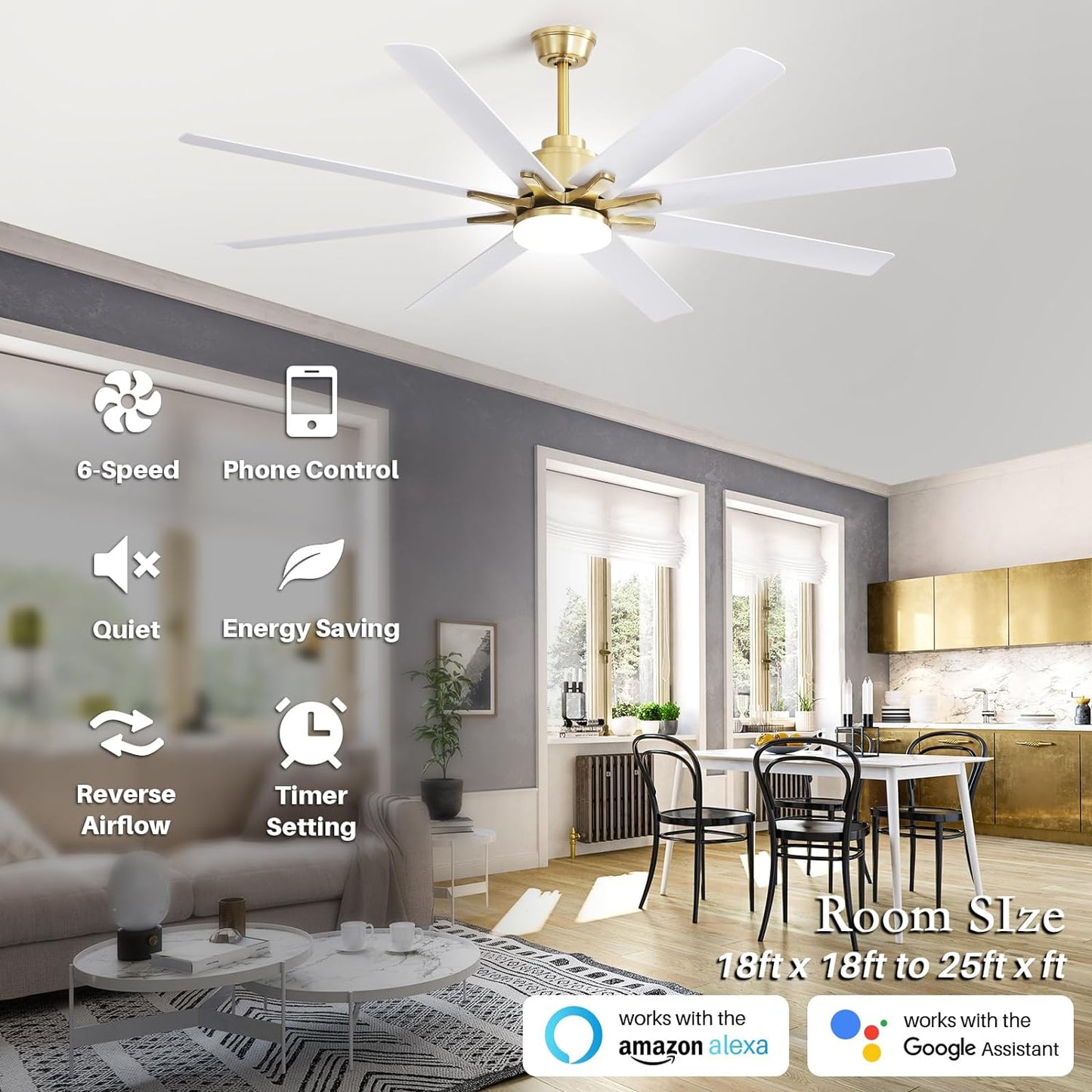 Sofucor 66 Inch Ceiling Fans with Lights and Remote, Smart Ceiling Fan with 6-Speed DC Motor Reversible Modern Industrial Gold and White Ceiling Fan for Bedroom Office Patios(8 Aluminum&ABS Blades)