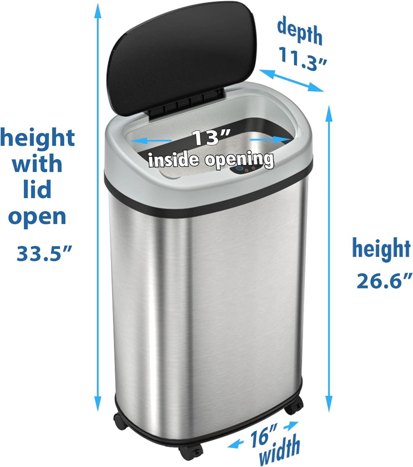 13 Gallon Sensor Trash Can with Wheels and AbsorbX Odor Control System, Stainless Steel, Oval Shape Automatic Kitchen and Office Garbage Bin (Powered by Battery or Optional AC Adapter)