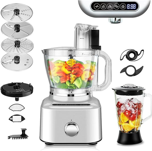 Homtone 16 Cup Food Processor, Aluminum-Diecast Blender and Food Processor Combo, 5 Preset Modes Vegetable Chopper Electric, 8 Blades 11 Functions for Home Use, Stepless Speed Control, 650W, Sliver