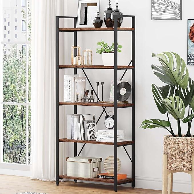 BON AUGURE Industrial Bookshelf, Etagere Bookcases and Book Shelves 5 Tier, Rustic Wood and Metal Shelving Unit (Rustic Oak)