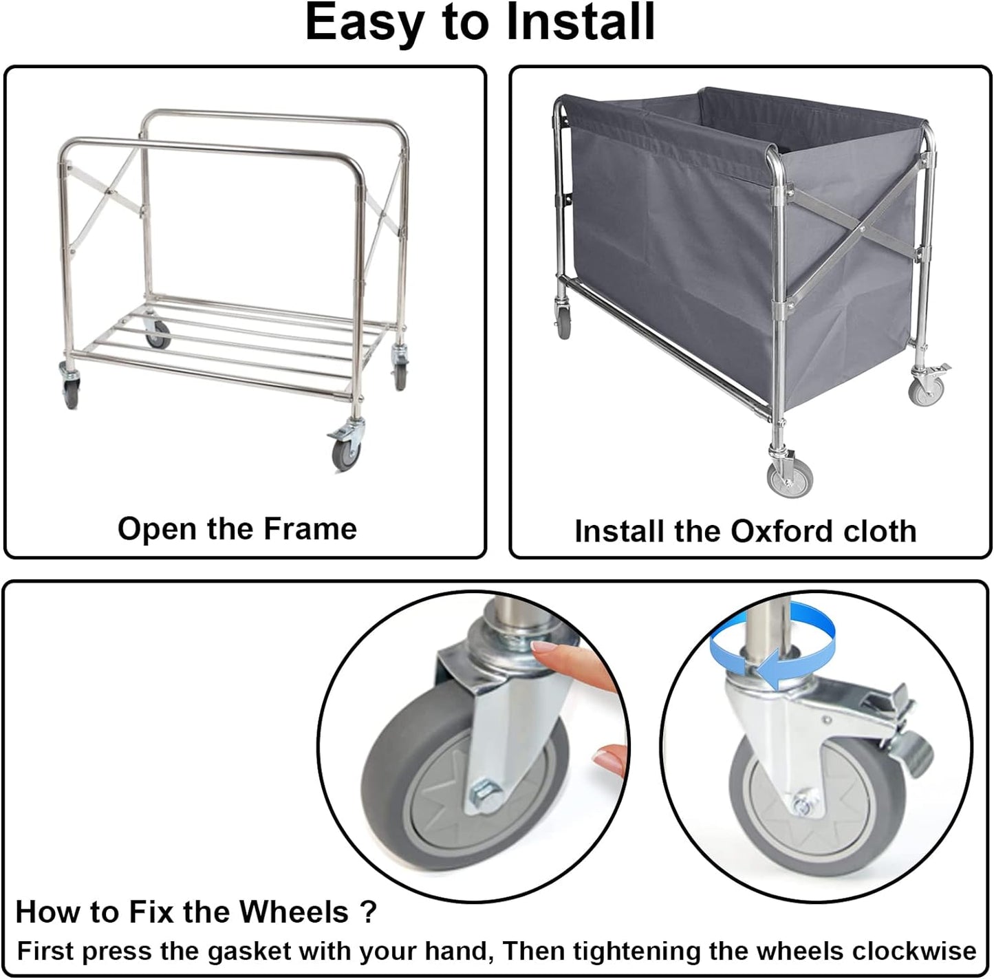 Folding Laundry Cart Commercial Rolling Laundry Basket Trucks with Wheels 440lbs Load Capacity Stainless Steel Laundry Trolley Cart for Industrial/Home 34 * 21 * 31inches (Gray)