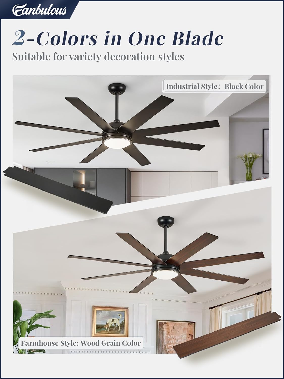 Ceiling Fans with Lights, 72 inch Large Ceiling Fan with Light and Remote, Outdoor Black Ceiling Fan for Living Room Patio, 6 Speeds, Reversible Quiet DC Motor, 3 CCT, Bi-color 8 Blades