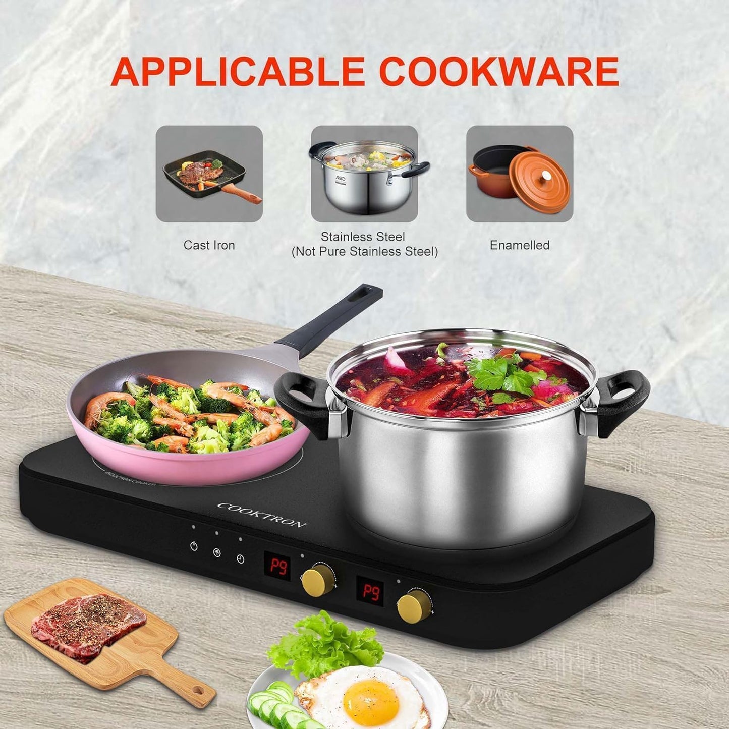 Induction Cooktop 2 Burner with Removable Iron Cast Griddle Pan Non-stick, Portable 1800W Double Induction Cooktop with Child Safety Lock & Time, Great for Family Party