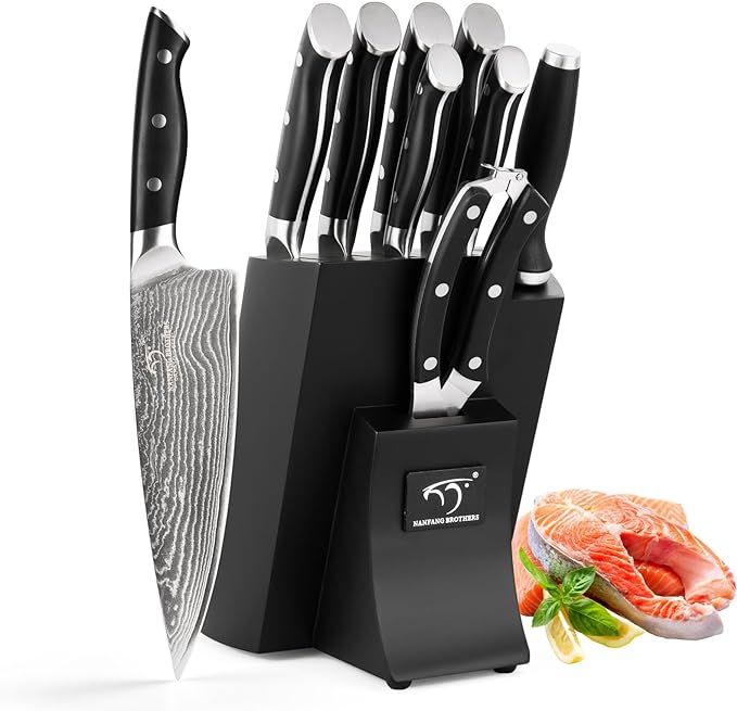 NANFANG BROTHERS Knife Set, 9 Pieces Damascus Kitchen Knife Set with Block, ABS Ergonomic Handle for Chef Knife Set, Knife Sharpener and Kitchen Shears, Knife Block Set