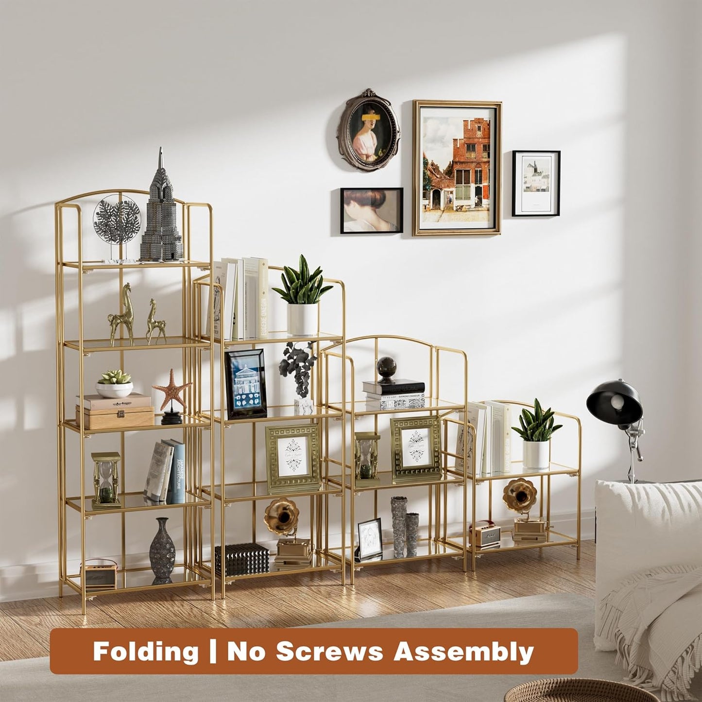 No Assembly Folding Bookshelf, 2 Tier Gold Bookshelf, Metal Book Shelf for Storage, Folding Bookcase for Office Organization and Storage, 12.6" D x 22.44" W x 28.74" H