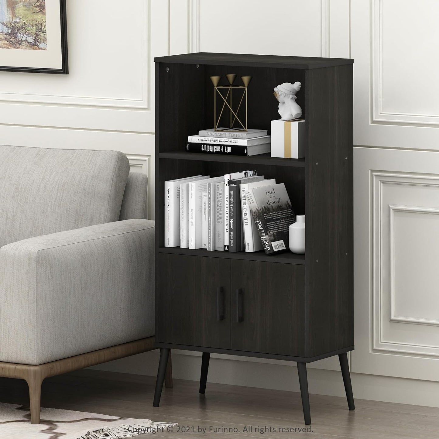 Furinno Claude Mid Century Style Accent Wooden Leg Bookcase Cabinet with Storage Organizer Shelves, Espresso