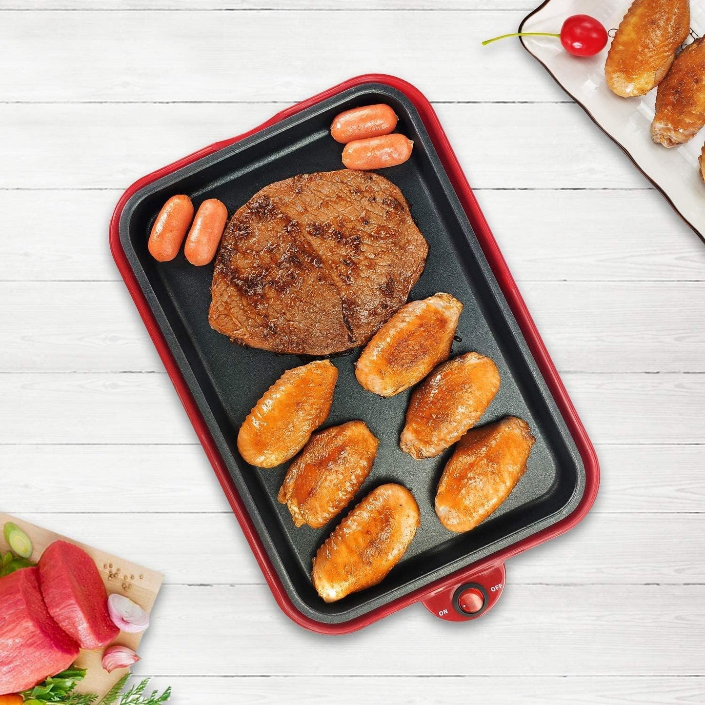 Multifunction Nonstick Baking Maker with 3 Interchangeable Plates for Fried Eggs/ Steak, Takoyaki, Cake Pops, Grill, RED-1