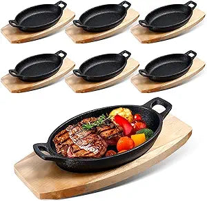 Mifoci 6 Sets Mini Cast Iron Skillets,oval Fajita Plates with Wooden Base Dish Tray Serving Sizzling Plate for Baking Roasting Cooking Grilling Appetizer (8.5x6.1x1.7 In)