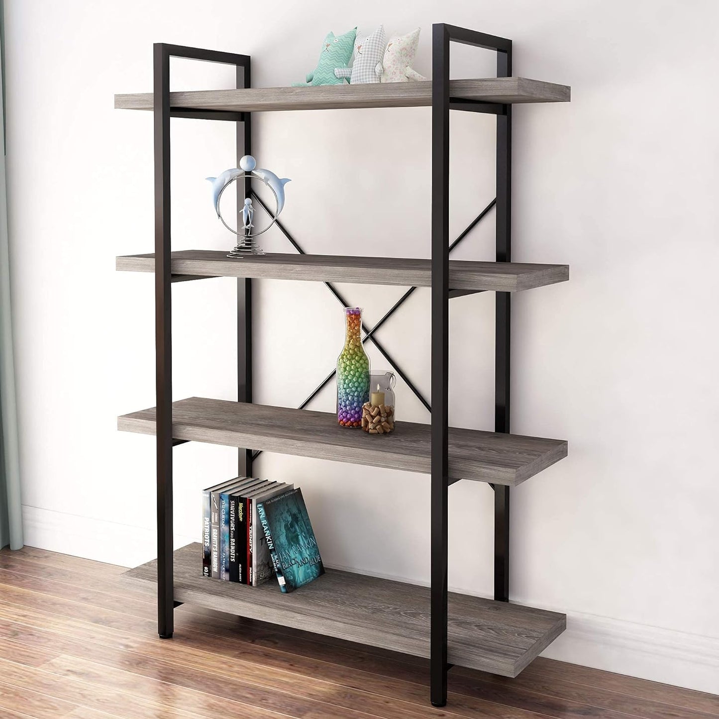 45MinST 4-Tier Vintage Industrial Style Bookcase/Metal and Wood Bookshelf Furniture for Collection, Gray Oak, 3/4/5 Tier (4-Tier)