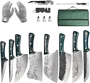 FULLHI Portable 14pcs Butcher knife set green woodhandle with knifebag Hand Forged chef knife Boning Knife High Carbon Steel viking Knife set For Kitchen, Camping, BBQ