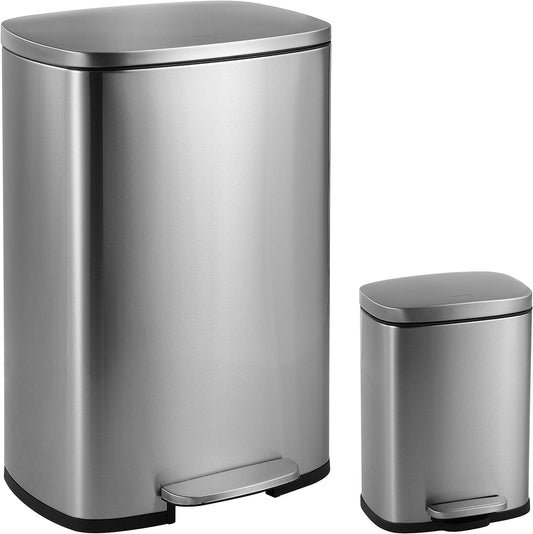 happimess HPM1006A Step-Open Steel Pedal and Soft-Close Lid Free Mini Garbage Bin for Home, Office, Kitchen Trash Can, Large:12.98 Gallon Small:1.3 Gallon, Stainless Steel