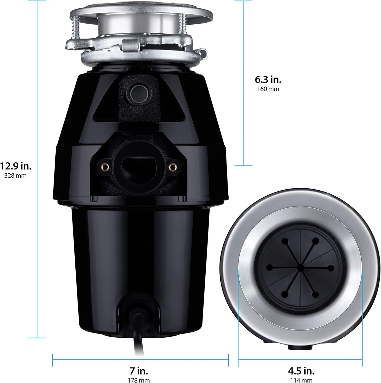 Eco Logic 10-US-EL-7-3B 1/2 Horsepower Mid Duty Garbage Disposal with Removeable Splash Guard, Attached Power Cord and Standard 3-Bolt Mounting System, Continuous Feed, Black