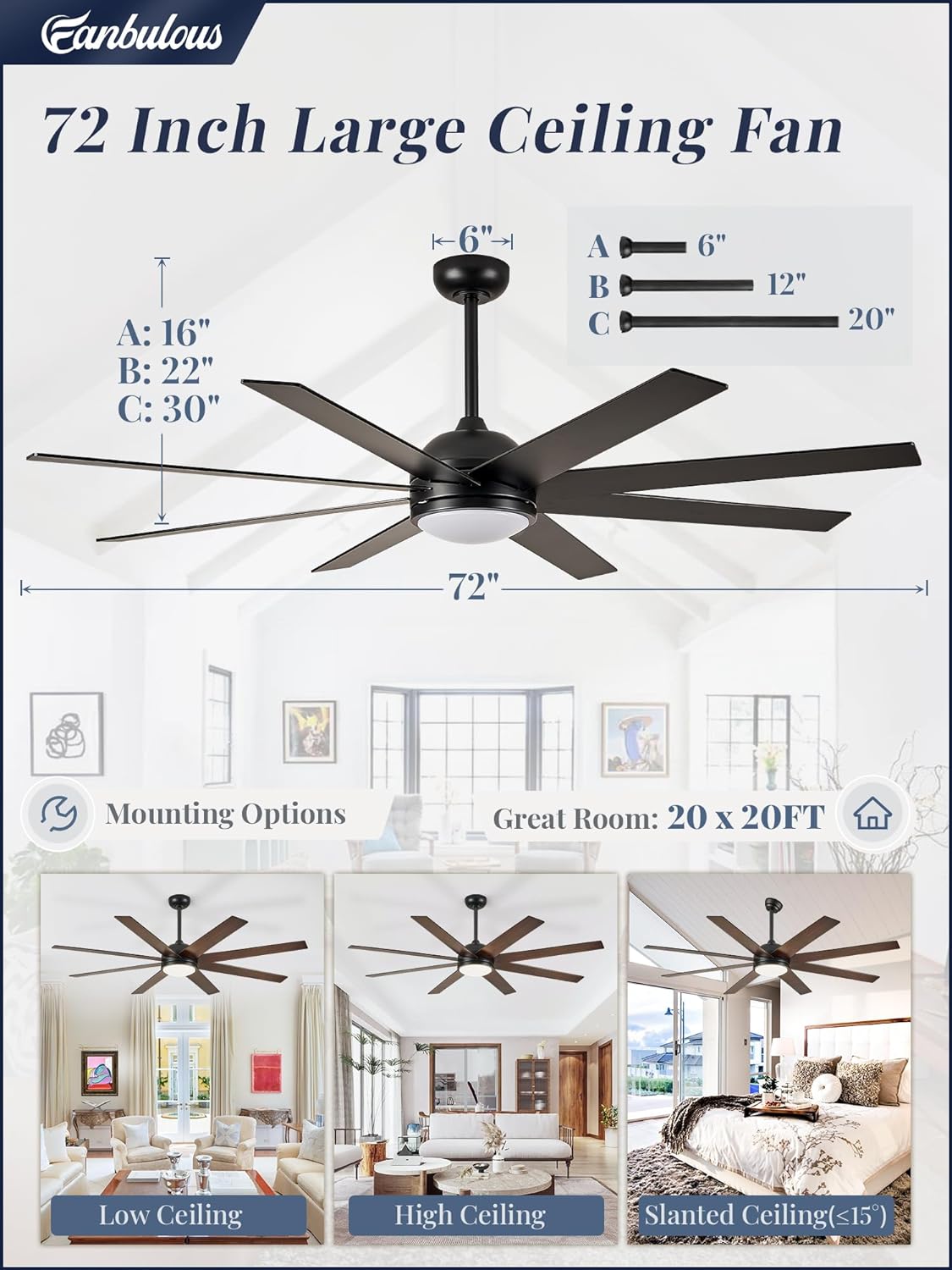 Ceiling Fans with Lights, 72 inch Large Ceiling Fan with Light and Remote, Outdoor Black Ceiling Fan for Living Room Patio, 6 Speeds, Reversible Quiet DC Motor, 3 CCT, Bi-color 8 Blades