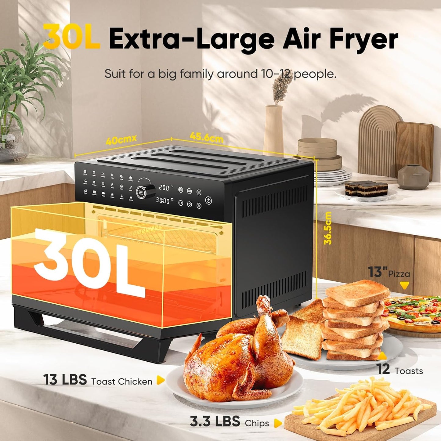 32QT Extra Large Air Fryer, Toaster Oven Air Fryer Combo, 360°Hot Air Circulation for Healthier Food, 1800W Preset Dual Cook, 13"Pizza Cooking, 20-in-1 Double-Rack Oven, 7-Accessory, Transparent Door