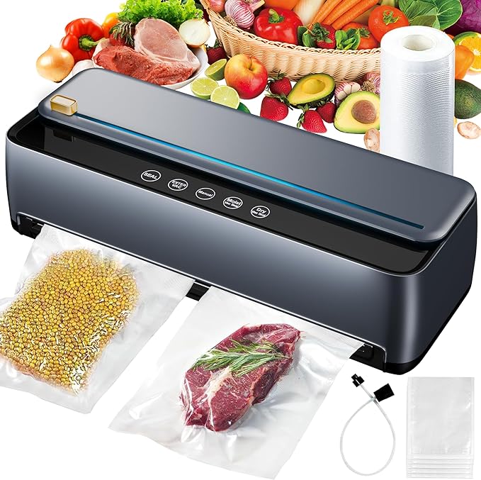 Vacuum Sealer Machine, 95Kpa Full Automatic 8-IN-1 Food Sealer, Automatic Bag Detection, Air Sealing System Dry & Moist Food Preservation Modes, Built-in Cutter and Bag Storage, LED Indicator Light