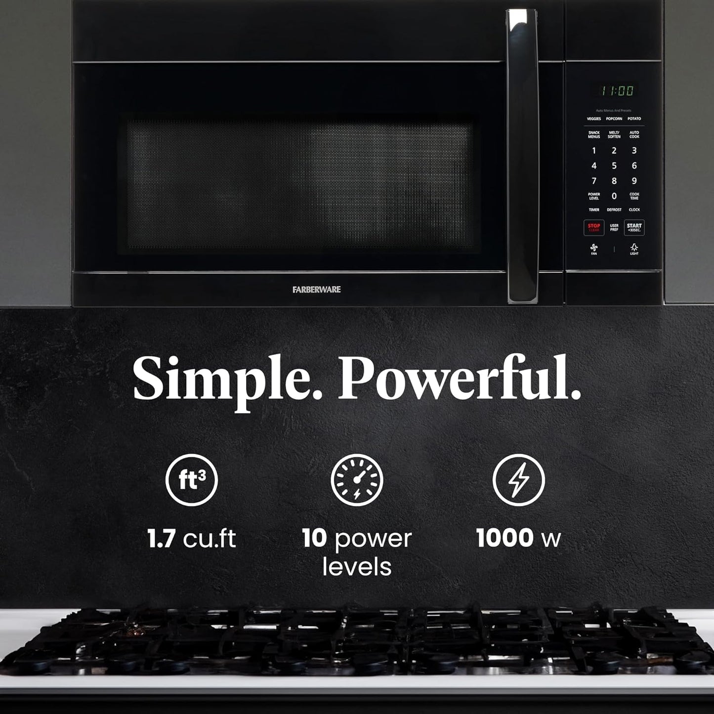 Farberware Over-the-Range Microwave Oven, 1.7 Cu. Ft. - 1000W - Auto Reheat, Multi-Stage Cooking, Melt/Soften Feature, Child Safety Lock, LED Display - Space Efficient & Powerful - Black