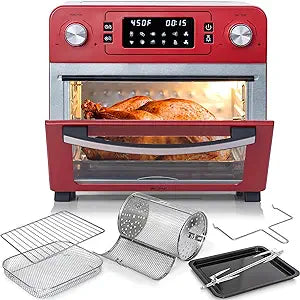 Deco Chef 24 QT Red Stainless Steel Countertop 1700 Watt Toaster Oven with Built-in Air Fryer and Included Rotisserie Assembly, Grill Rack, Frying Basket, and Baking Pan