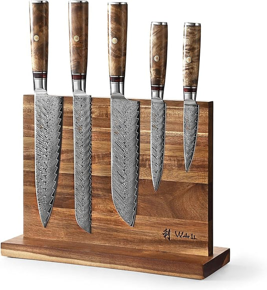 Wakoli Culinary Sycamore 6-Piece Damascus Chef Knives with 5 Kitchen Knives & Magnetic Knife Block - Premium VG10 Steel Chef Knives with Sycamore Wood Handles, Kitchen Knife Set in Gift Box