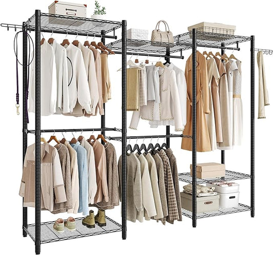 HOOBRO Heavy-Duty Clothes Rack, Freestanding 6-Tier Closet Organizer, Metal Clothing Rack with Shelves and Hanger Rods, Multi-Functional Bedroom Garment Rack, Max Load 800 lb, Black BK03LY01