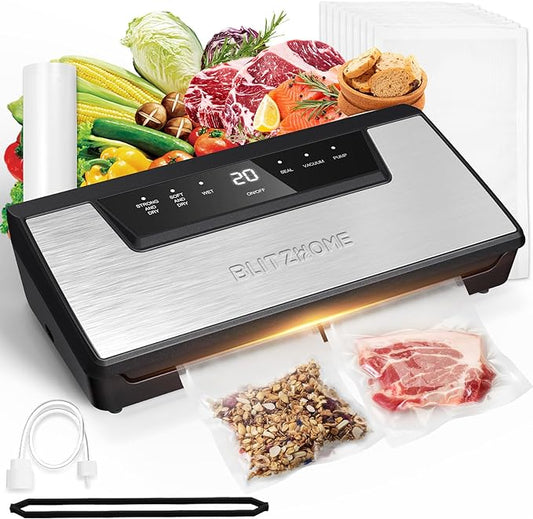 BLITZHOME Vacuum Sealer Machine, 6 Easy Modes for Dry/Moist Food Storage/Sous Vide, Built-in Cutter/Storage, Visual Seal-Time, Automatic Food Sealer with 15Pcs Bags,1 Roll, Full Starter Kit