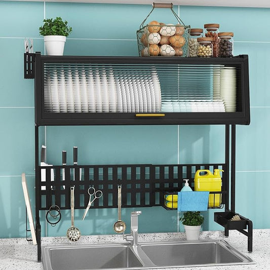 Over The Sink Dish Drying Rack with Large Cupboard,Adjustable Width Base,with Cutting Board Holder,Sponge Holder,Kitchen Utensil Rack,Metal, Suitable for (23"~33") Sinks,Black