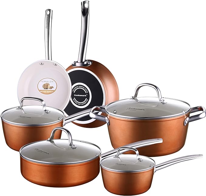 10-Piece Pots and Pans, White Ceramic Nonstick Copper Finish Cookware Set with Lids— Oven Suitable Dishwasher Suitable PFOA/PTFE Free